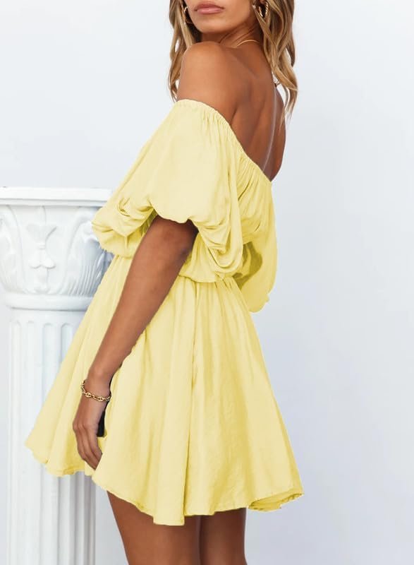 Connecteri  Womens Off The Shoulder Summer Dresses 2024 Short Lantern Sleeve Ruffle Elastic Waist A-Line Casual Mini Dress