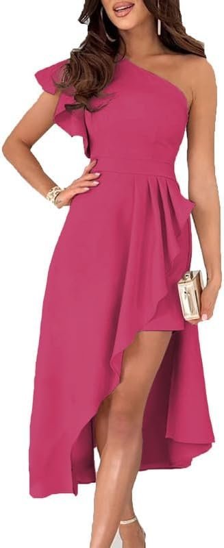 Connecteri  Womens One Shoulder Sleeveless Ruffle Empire Waist Asymmetrical High-Low Bodycon Formal Wedding Guest Midi Dresses