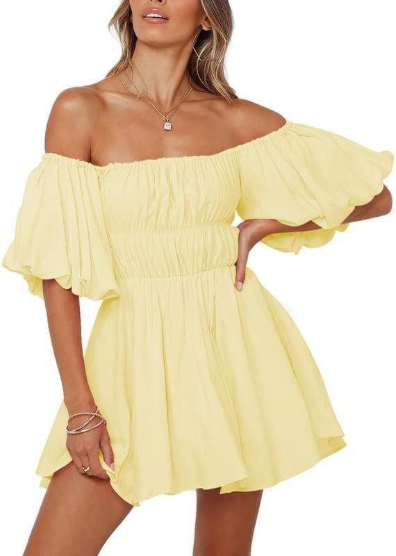 Connecteri  Womens Off The Shoulder Summer Dresses 2024 Short Lantern Sleeve Ruffle Elastic Waist A-Line Casual Mini Dress