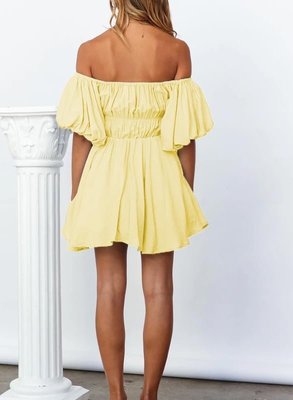 Connecteri  Womens Off The Shoulder Summer Dresses 2024 Short Lantern Sleeve Ruffle Elastic Waist A-Line Casual Mini Dress