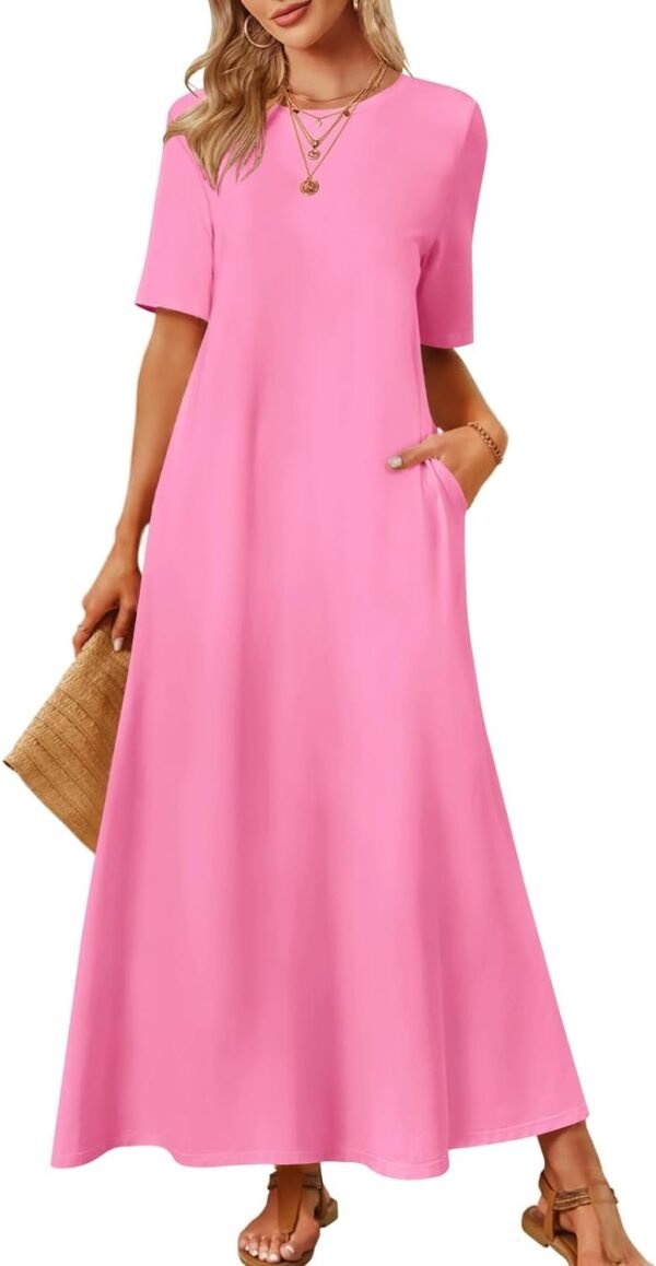 Connecteri  Women's 2024 Summer Short Sleeve Maxi Dress Casual Crewneck Swing A Line Long T Shirt Dress with Pockets