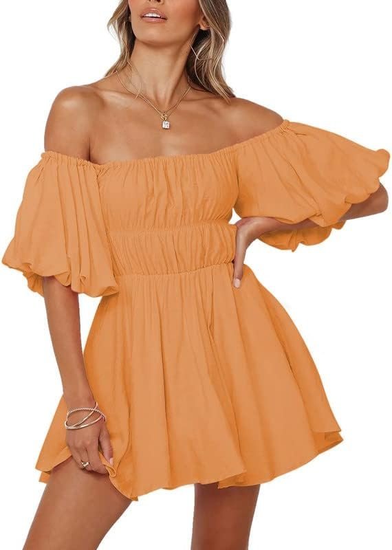 Connecteri  Womens Off The Shoulder Summer Dresses 2024 Short Lantern Sleeve Ruffle Elastic Waist A-Line Casual Mini Dress