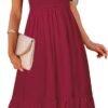 Connecteri  Women's Summer Casual V Neck Ruffle Sleeve Smocked High Waist Midi Dress with Pockets