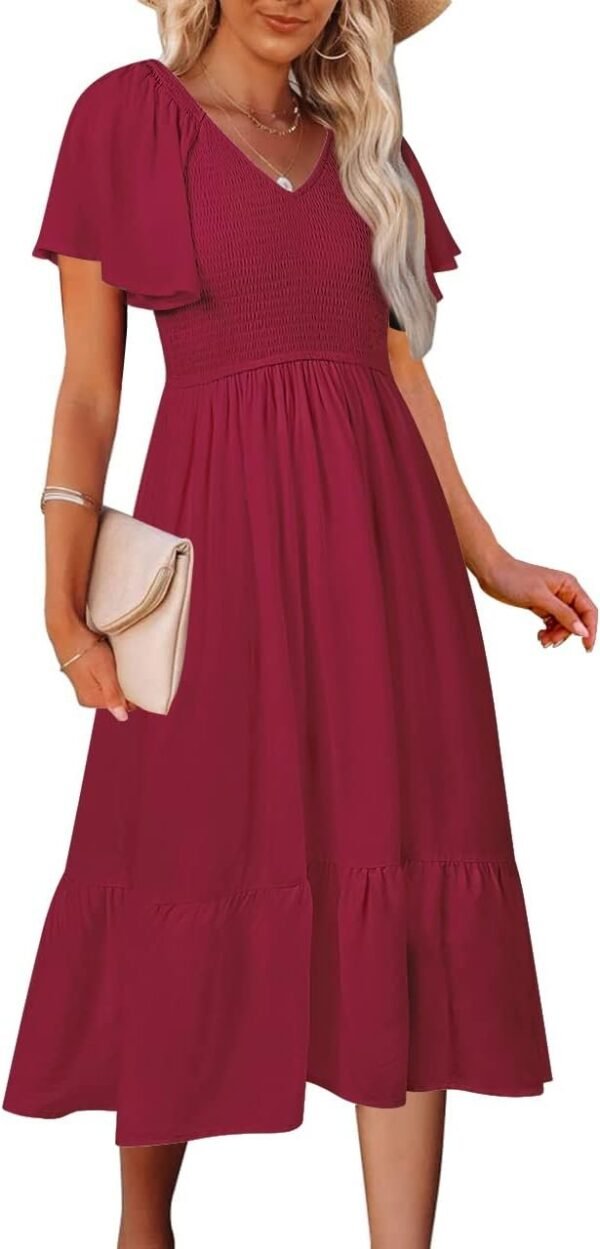 Connecteri  Women's Summer Casual V Neck Ruffle Sleeve Smocked High Waist Midi Dress with Pockets