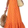 Connecteri  Women Summer Dresses 2024 Spaghetti Strap Scoop Neck Smocked Ruffle Flowy Boho Maxi Dress