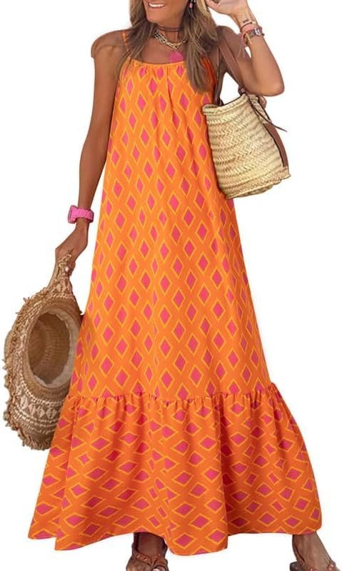 Connecteri  Women Summer Dresses 2024 Spaghetti Strap Scoop Neck Smocked Ruffle Flowy Boho Maxi Dress