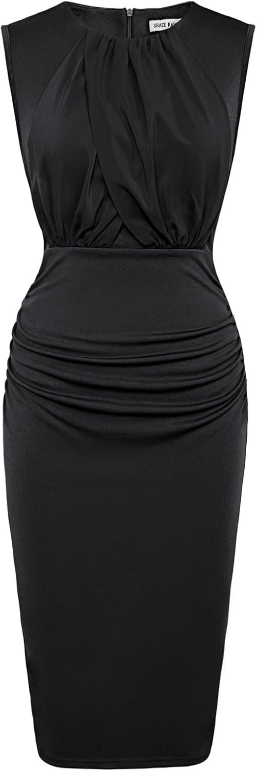 Connecteri  Women's Ruched Bodycon Dress Summer Sleeveless Front Drape Patchwork Crew Neck Midi Cocktail Dress