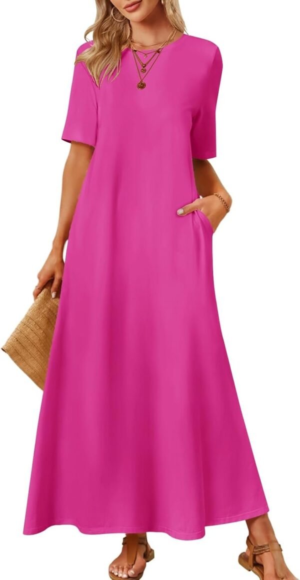 Connecteri  Women's 2024 Summer Short Sleeve Maxi Dress Casual Crewneck Swing A Line Long T Shirt Dress with Pockets