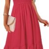 Connecteri  Women's Summer Casual V Neck Ruffle Sleeve Smocked High Waist Midi Dress with Pockets