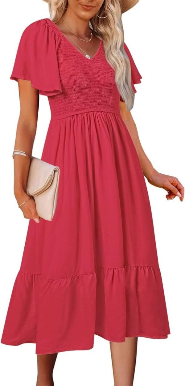 Connecteri  Women's Summer Casual V Neck Ruffle Sleeve Smocked High Waist Midi Dress with Pockets