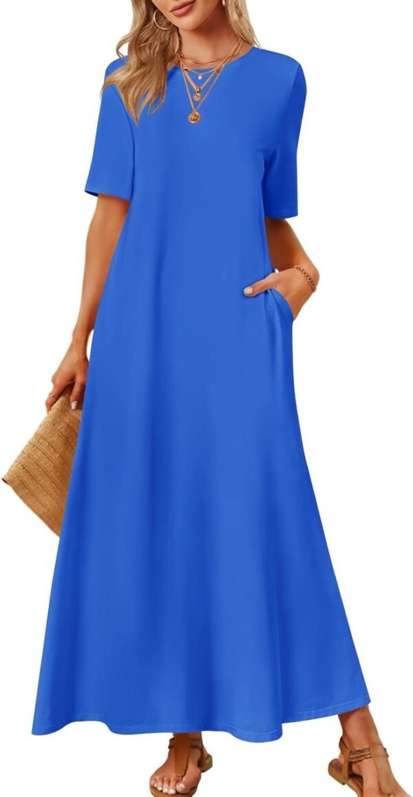 Connecteri  Women's 2024 Summer Short Sleeve Maxi Dress Casual Crewneck Swing A Line Long T Shirt Dress with Pockets