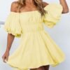 Connecteri  Womens Off The Shoulder Summer Dresses 2024 Short Lantern Sleeve Ruffle Elastic Waist A-Line Casual Mini Dress