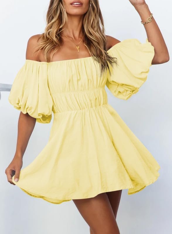 Connecteri  Womens Off The Shoulder Summer Dresses 2024 Short Lantern Sleeve Ruffle Elastic Waist A-Line Casual Mini Dress