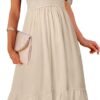 Connecteri  Women's Summer Casual V Neck Ruffle Sleeve Smocked High Waist Midi Dress with Pockets