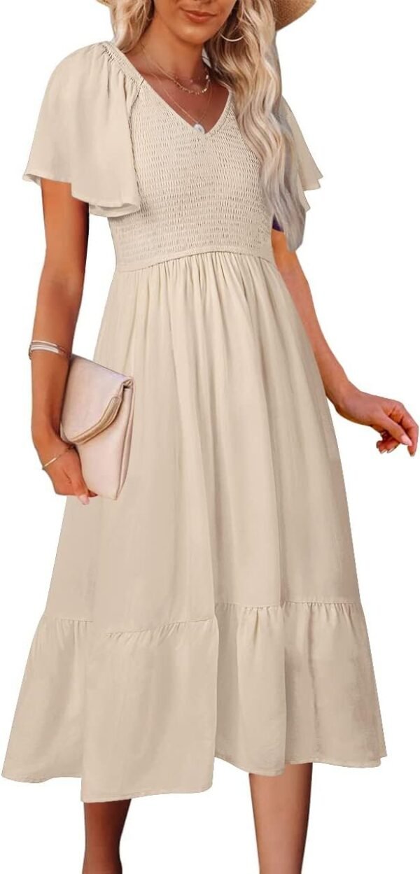 Connecteri  Women's Summer Casual V Neck Ruffle Sleeve Smocked High Waist Midi Dress with Pockets