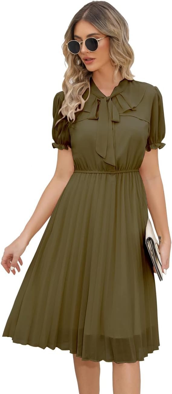 Connecteri  Work Dresses for Women 2023 Long Sleeves Chiffon Black Dress Retro Pleated Buttons Down Bow Tie Loose Causal Dresses