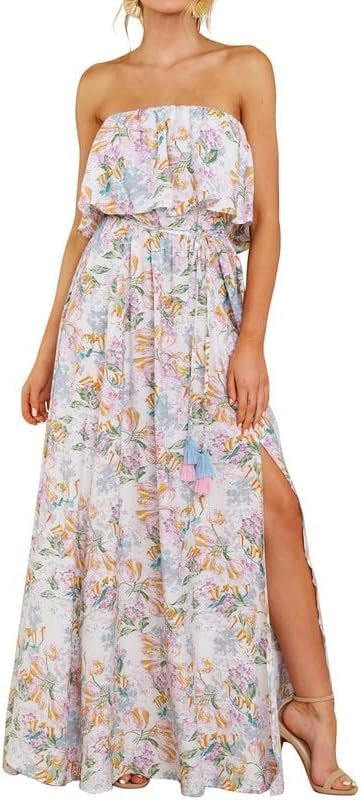 Connecteri  Womens Strapless Dresses Casual Summer High Waist Side Split Flowy Boho Maxi Dress