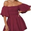 Connecteri  Womens Off The Shoulder Summer Dresses 2024 Short Lantern Sleeve Ruffle Elastic Waist A-Line Casual Mini Dress