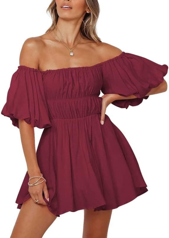 Connecteri  Womens Off The Shoulder Summer Dresses 2024 Short Lantern Sleeve Ruffle Elastic Waist A-Line Casual Mini Dress
