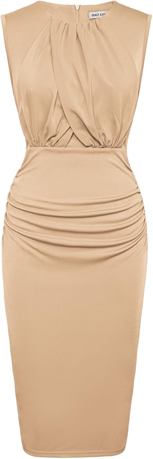 Connecteri  Women's Ruched Bodycon Dress Summer Sleeveless Front Drape Patchwork Crew Neck Midi Cocktail Dress