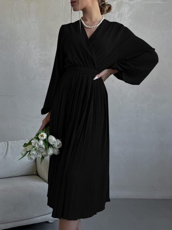 Connecteri  Womens V Neck Flowy Ruffle Pleated Casual Fall Dress