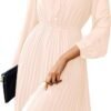 Connecteri  Work Dresses for Women 2023 Long Sleeves Chiffon Black Dress Retro Pleated Buttons Down Bow Tie Loose Causal Dresses