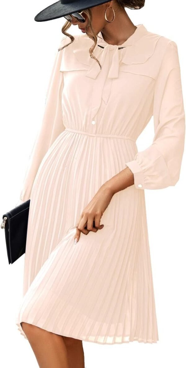 Connecteri  Work Dresses for Women 2023 Long Sleeves Chiffon Black Dress Retro Pleated Buttons Down Bow Tie Loose Causal Dresses