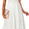 Connecteri  Women's Summer Casual V Neck Ruffle Sleeve Smocked High Waist Midi Dress with Pockets