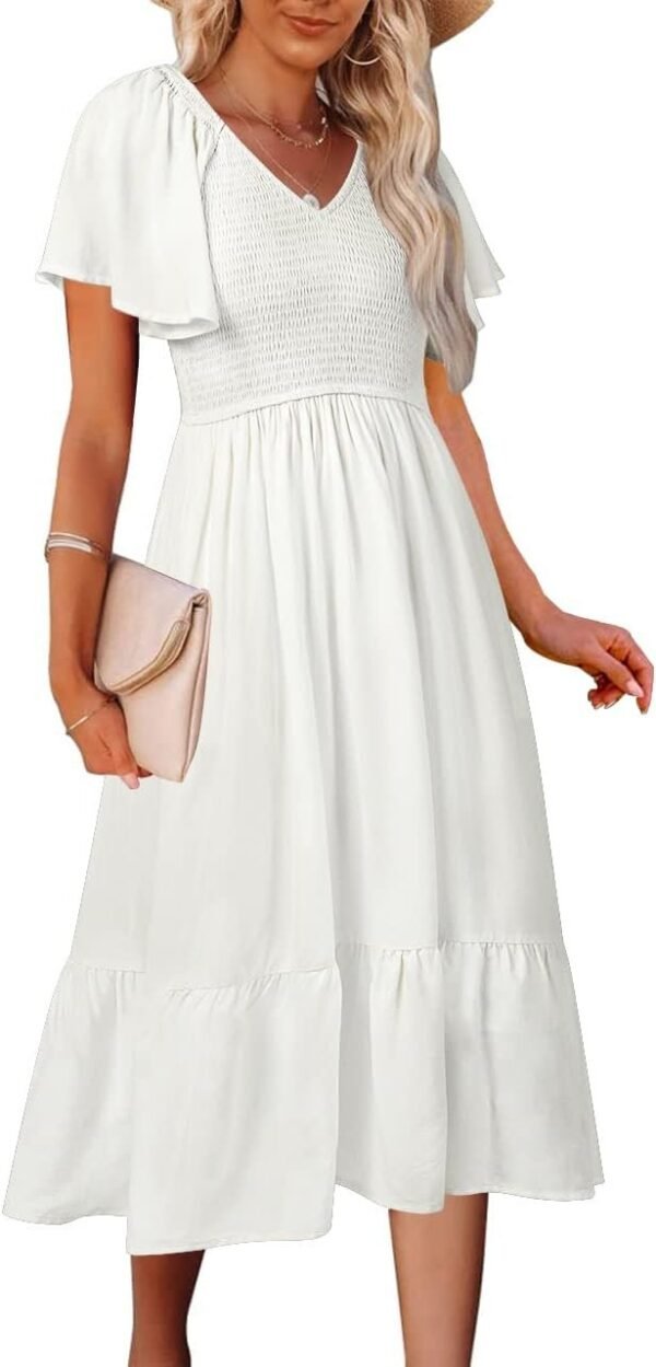 Connecteri  Women's Summer Casual V Neck Ruffle Sleeve Smocked High Waist Midi Dress with Pockets
