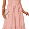 Connecteri  Women's Summer Casual V Neck Ruffle Sleeve Smocked High Waist Midi Dress with Pockets