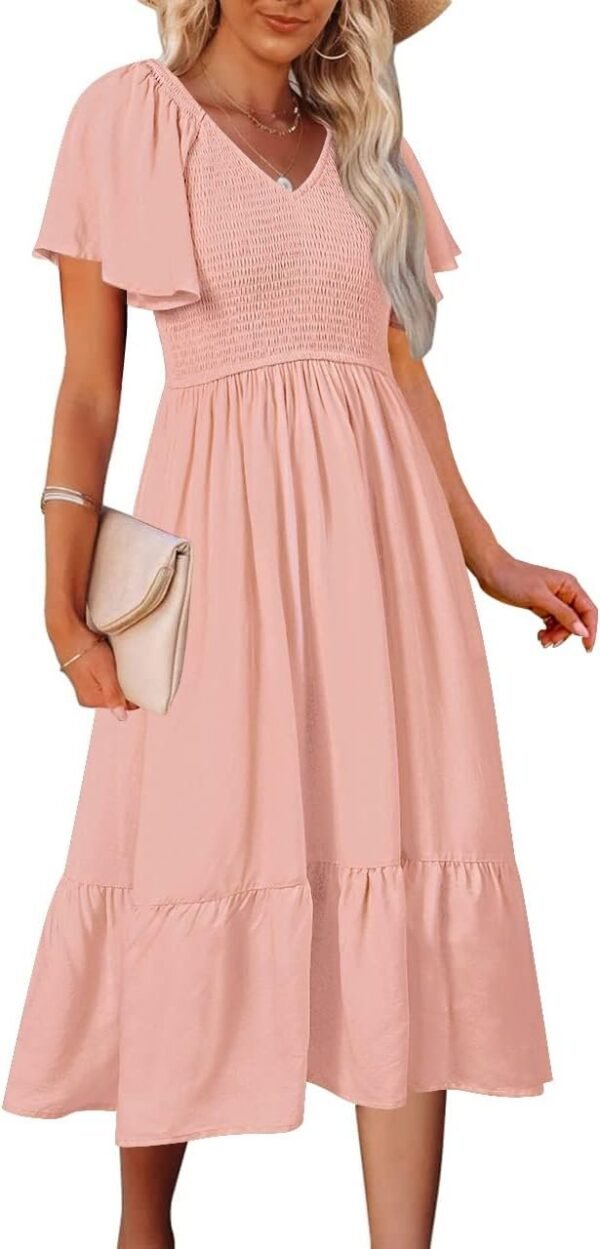 Connecteri  Women's Summer Casual V Neck Ruffle Sleeve Smocked High Waist Midi Dress with Pockets