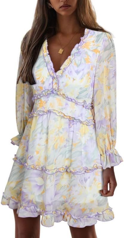 Connecteri  Womens 2024 Spring Summer Deep V Neck Ruffle Floral Flowy Mini Dress