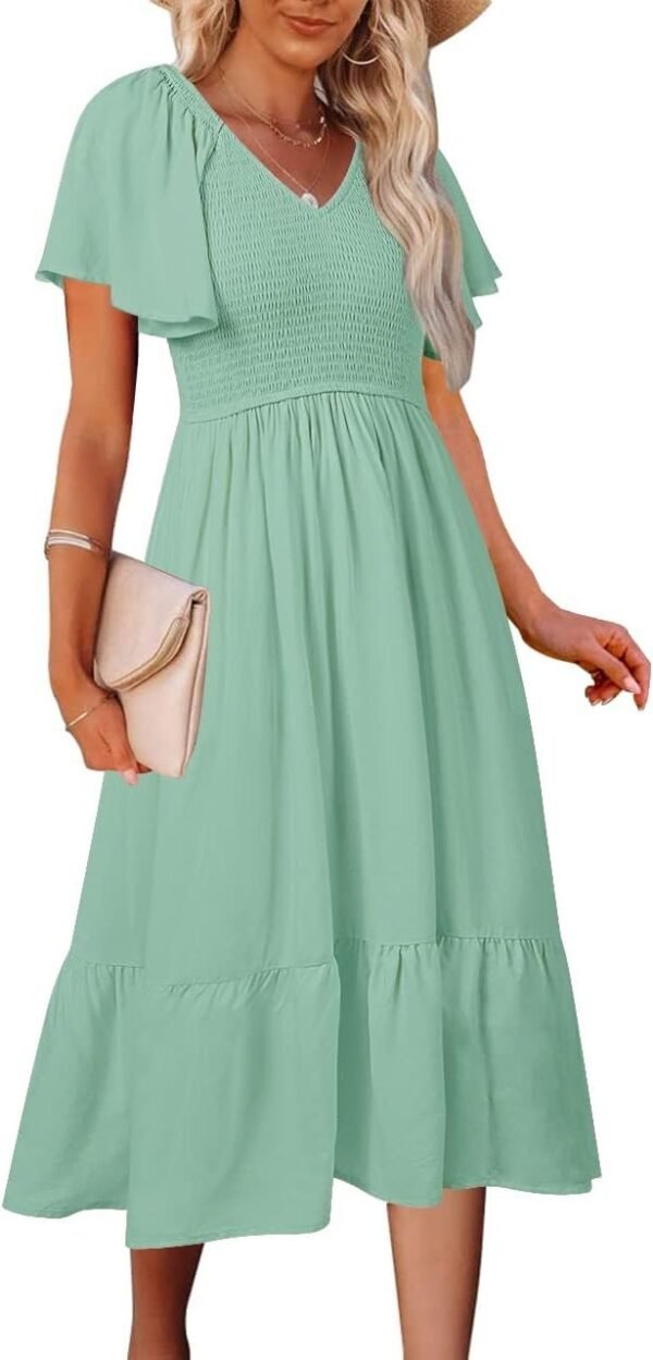 Connecteri  Women's Summer Casual V Neck Ruffle Sleeve Smocked High Waist Midi Dress with Pockets