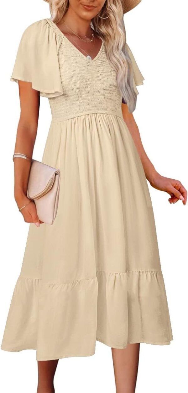 Connecteri  Women's Summer Casual V Neck Ruffle Sleeve Smocked High Waist Midi Dress with Pockets