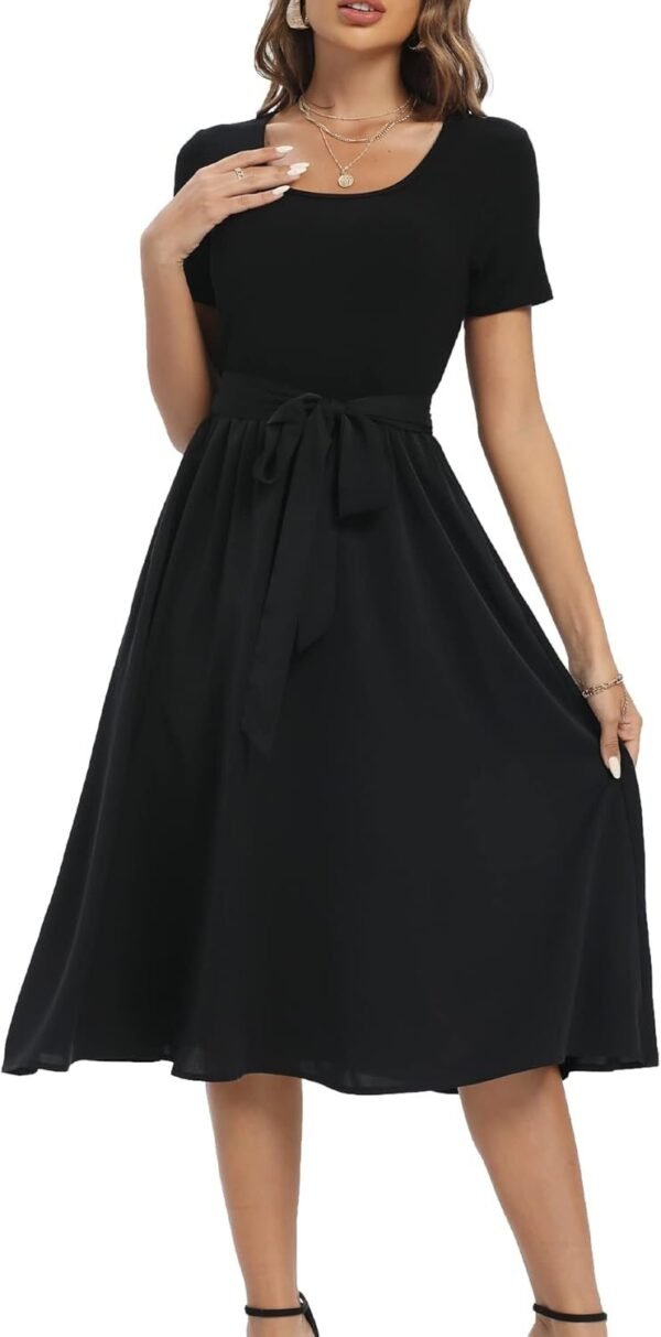 Connecteri  Summer Dresses for Women 2024 Short Sleeve Elastic Waist Casual Dresses Ribbed Floral Work Midi Dress with Pockets