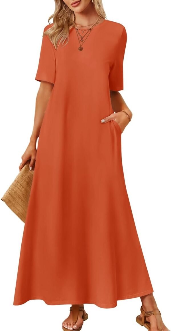 Connecteri  Women's 2024 Summer Short Sleeve Maxi Dress Casual Crewneck Swing A Line Long T Shirt Dress with Pockets