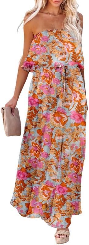 Connecteri  Womens Strapless Dresses Casual Summer High Waist Side Split Flowy Boho Maxi Dress