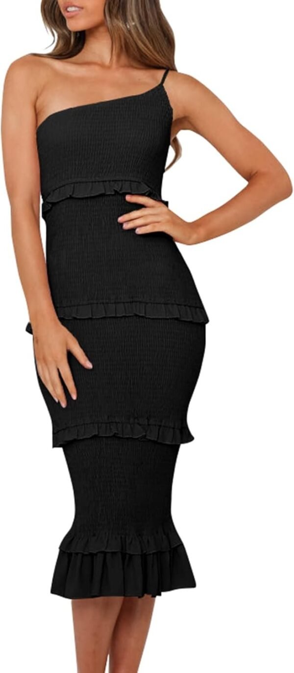 Connecteri  Womens Floral Summer One Shoulder Strappy Tiered Ruffle Midi Bodycon Dresses