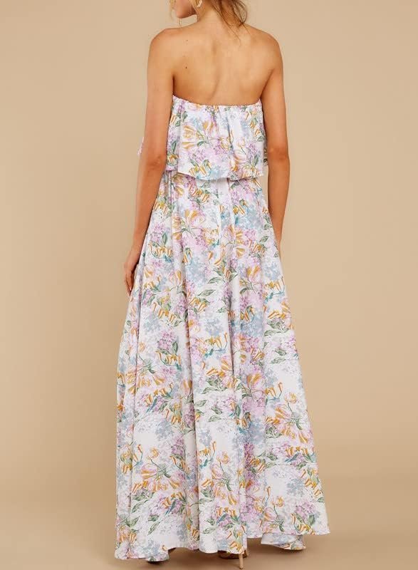 Connecteri  Womens Strapless Dresses Casual Summer High Waist Side Split Flowy Boho Maxi Dress