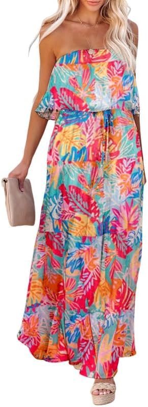 Connecteri  Womens Strapless Dresses Casual Summer High Waist Side Split Flowy Boho Maxi Dress