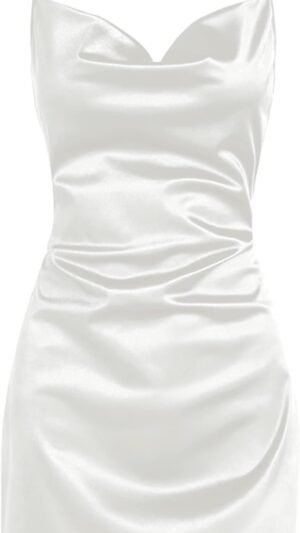 Connecteri  Women's Satin Sleeveless Spaghetti Strap Mini Dress Sexy Slip Cowl Neck Silky Cocktail Party Dresses(White-F, M)