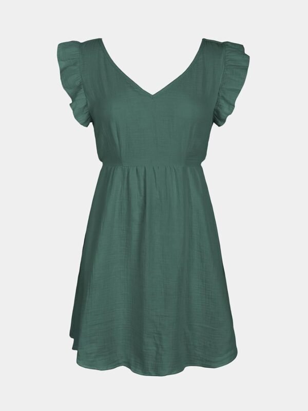 Connecteri  Women's Mini Dress V Neck Flutter Sleeve Cotton Self Tie Back A Line Short Summer Cover Up Dress