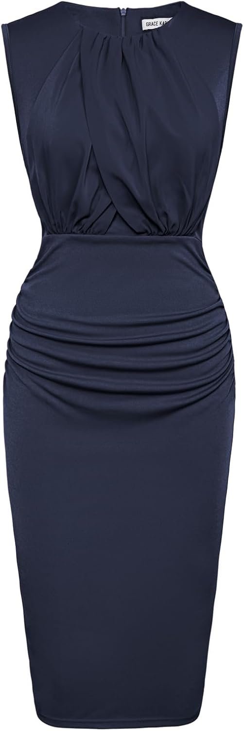 Connecteri  Women's Ruched Bodycon Dress Summer Sleeveless Front Drape Patchwork Crew Neck Midi Cocktail Dress