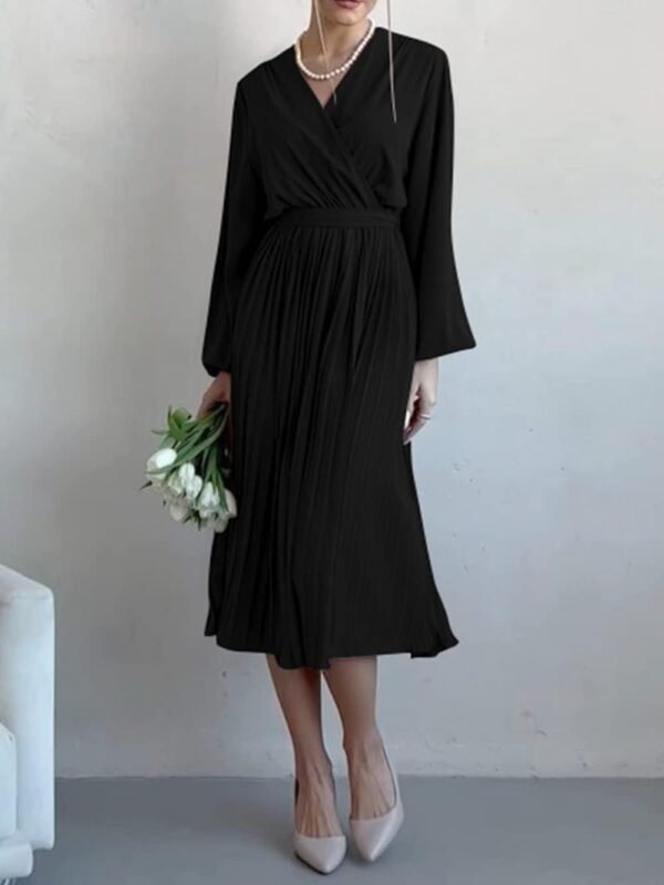 Connecteri  Womens V Neck Flowy Ruffle Pleated Casual Fall Dress