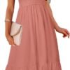 Connecteri  Women's Summer Casual V Neck Ruffle Sleeve Smocked High Waist Midi Dress with Pockets