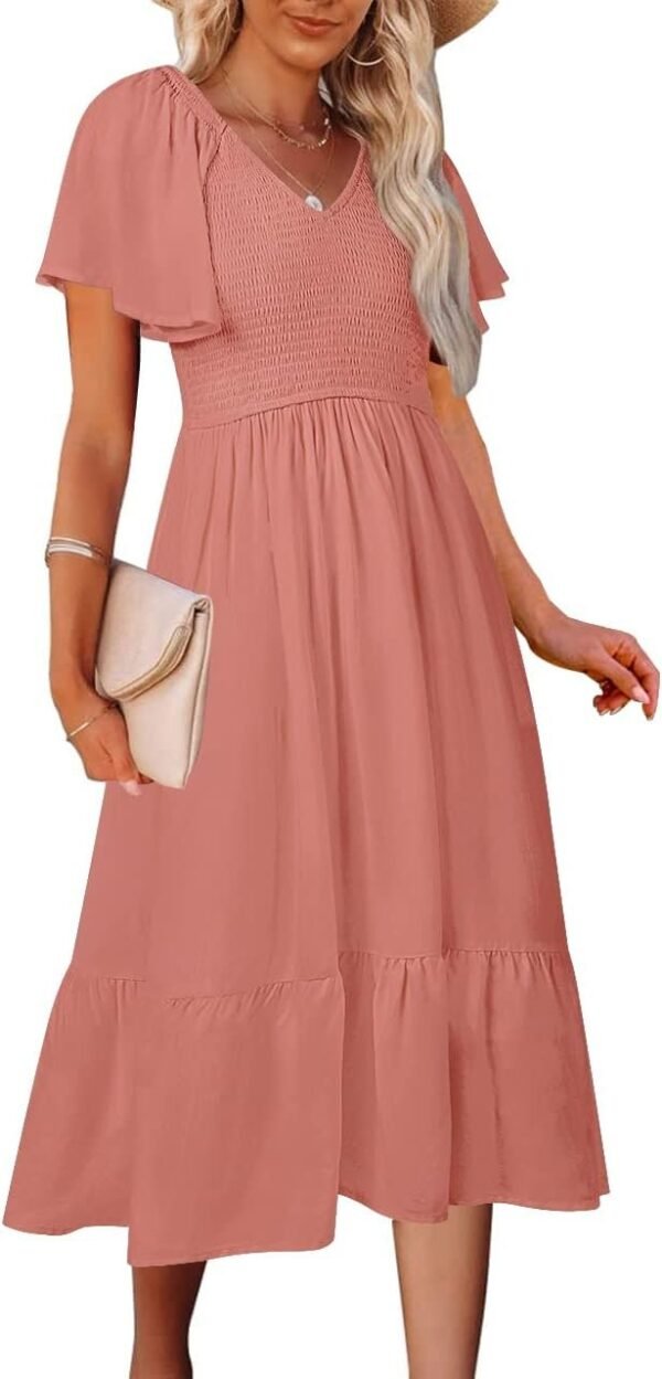 Connecteri  Women's Summer Casual V Neck Ruffle Sleeve Smocked High Waist Midi Dress with Pockets