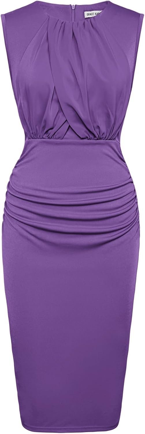 Connecteri  Women's Ruched Bodycon Dress Summer Sleeveless Front Drape Patchwork Crew Neck Midi Cocktail Dress