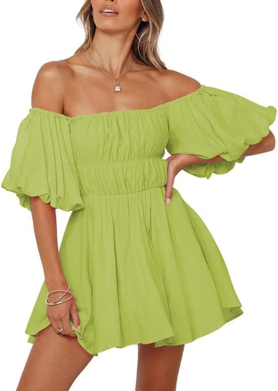 Connecteri  Womens Off The Shoulder Summer Dresses 2024 Short Lantern Sleeve Ruffle Elastic Waist A-Line Casual Mini Dress