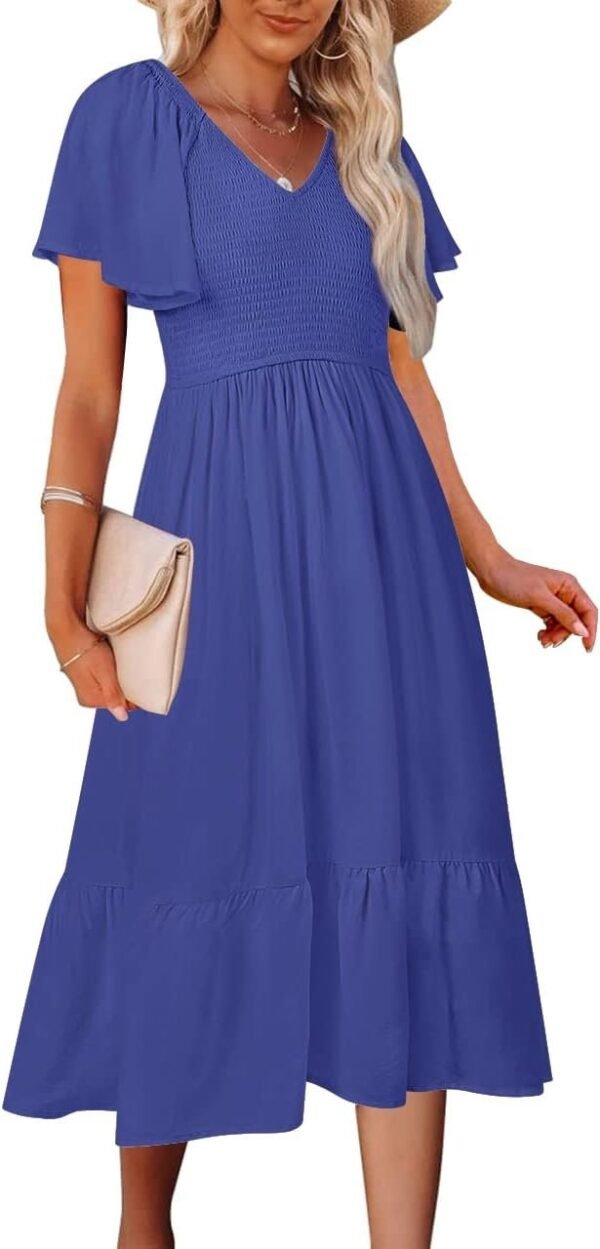 Connecteri  Women's Summer Casual V Neck Ruffle Sleeve Smocked High Waist Midi Dress with Pockets
