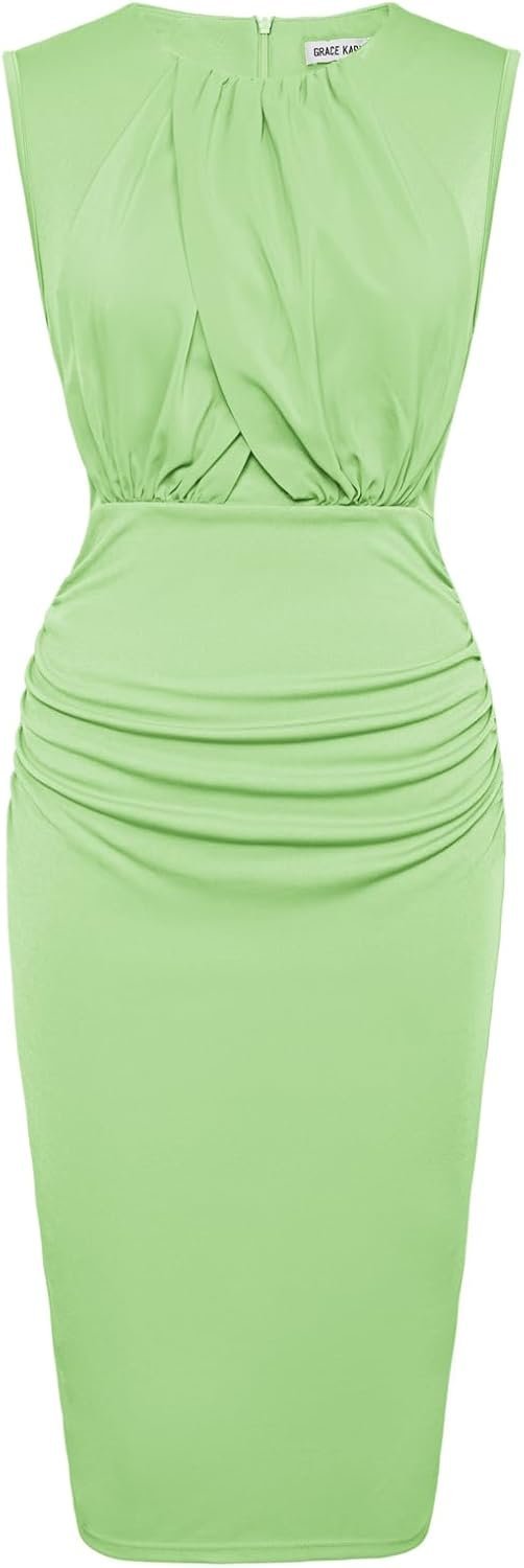 Connecteri  Women's Ruched Bodycon Dress Summer Sleeveless Front Drape Patchwork Crew Neck Midi Cocktail Dress